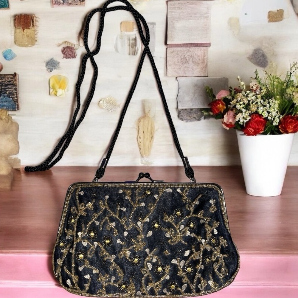 Lancome Black and Gold Beaded Floral Evening Bag